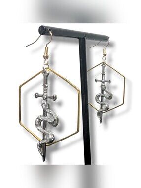 NWT Handmade Layered Snake Sword And Hexagon Drop Earrings